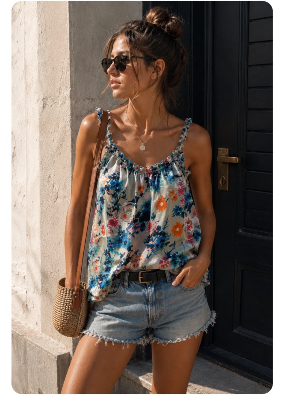 Rapsodia floral Silk Top. Sleeveless ruffled top. M